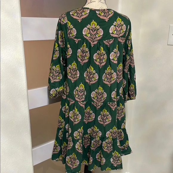 Pink Chicken Green and Gold V-Neck Mini Dress - Picture 4 of 11